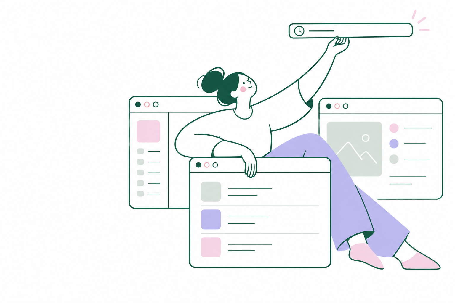 A character lifts one thin task strip above a jumble of open windows.